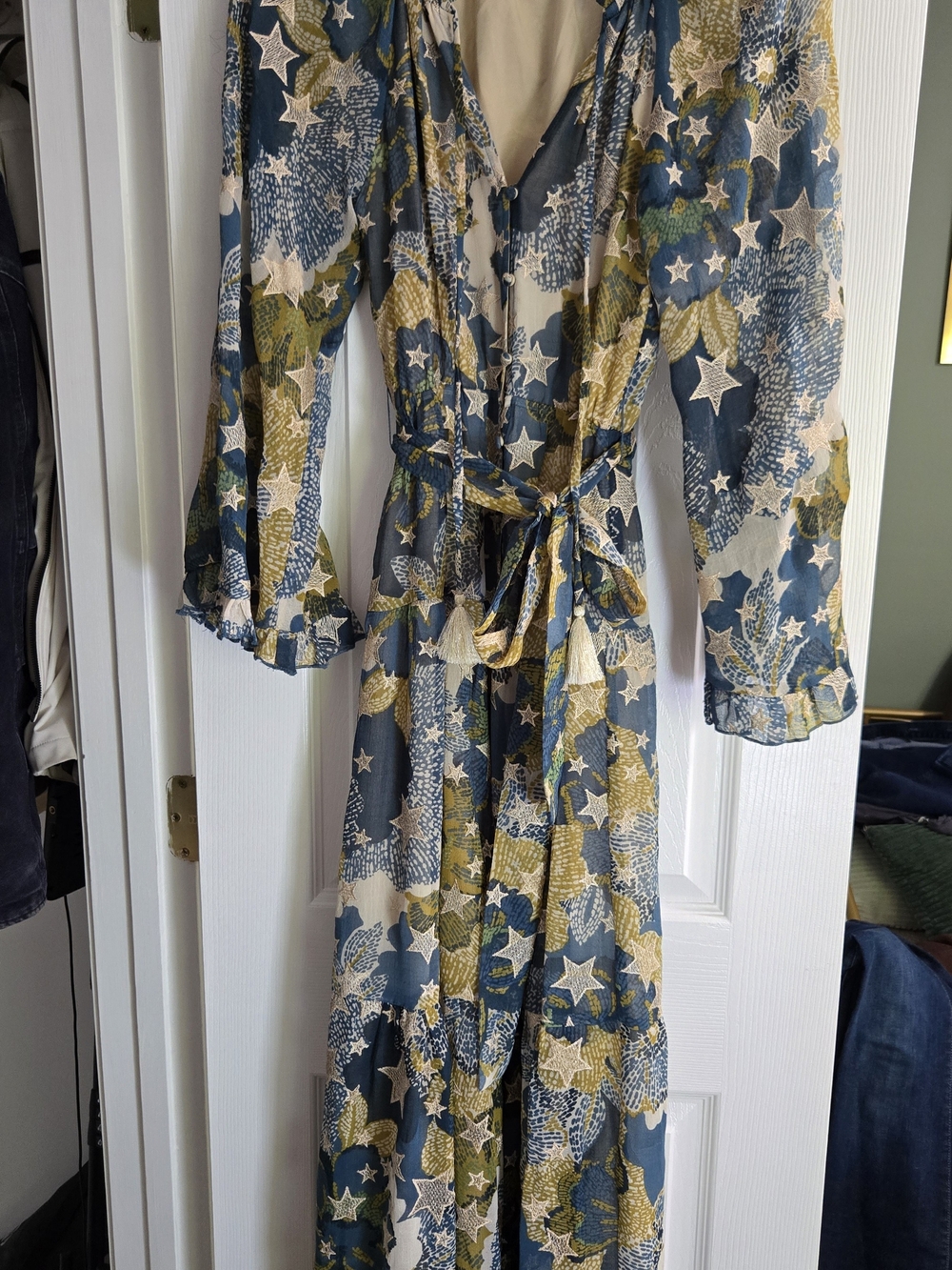 Maxi Wrap Dress in Blue, Olive & Cream Star Print